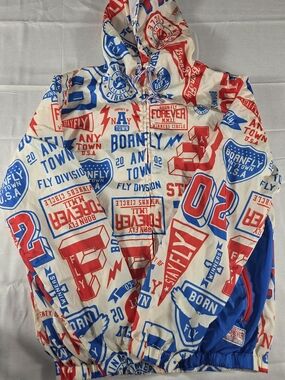Born Fly Hooded Windbreaker Jacket All Over Print Y2K Size M